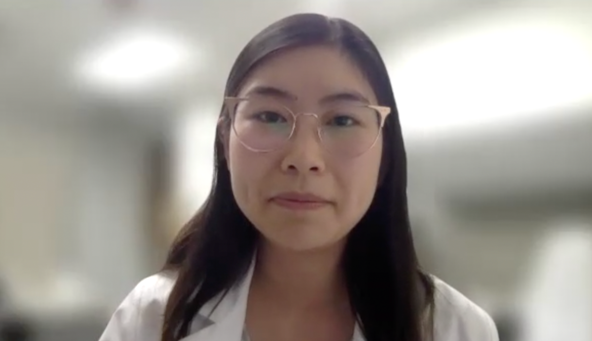Jenny Guo, MD, answers a question during a Zoom video interview