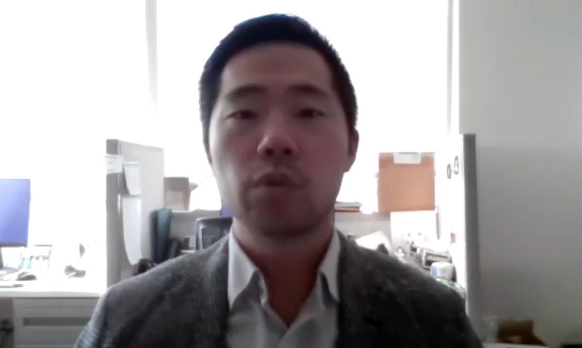 Ziho Lee, MD, answers a question during a Zoom video interview