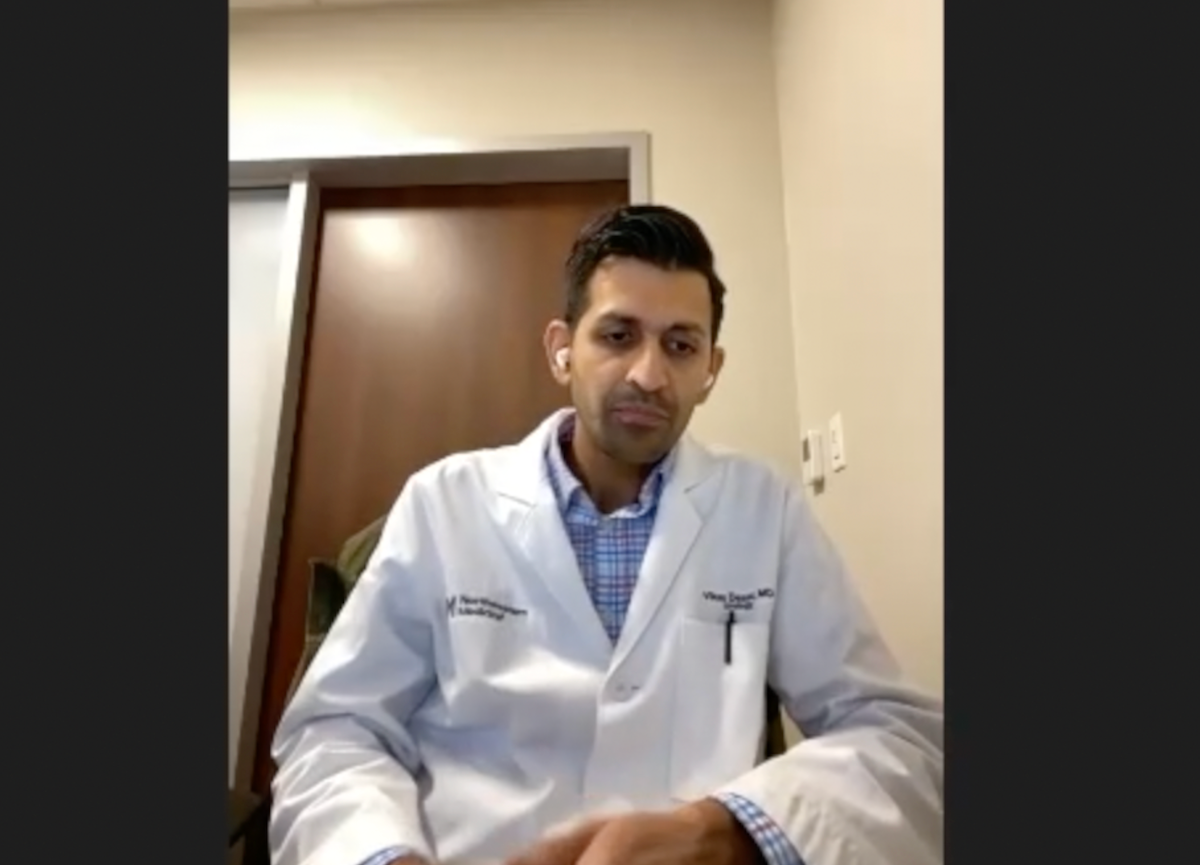 Vikas Desai, MD, answers a question during a Zoom video interview