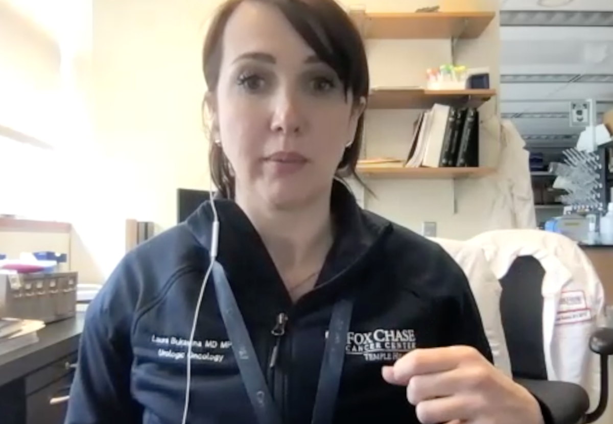 Laura Bukavina, MD, MPH, answers a question during a Zoom video interview