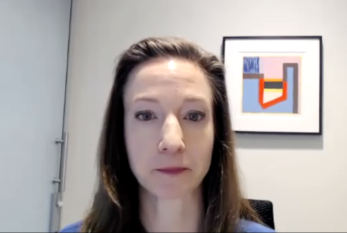 Kara L. Watts, MD, answers a question during a Zoom video interview