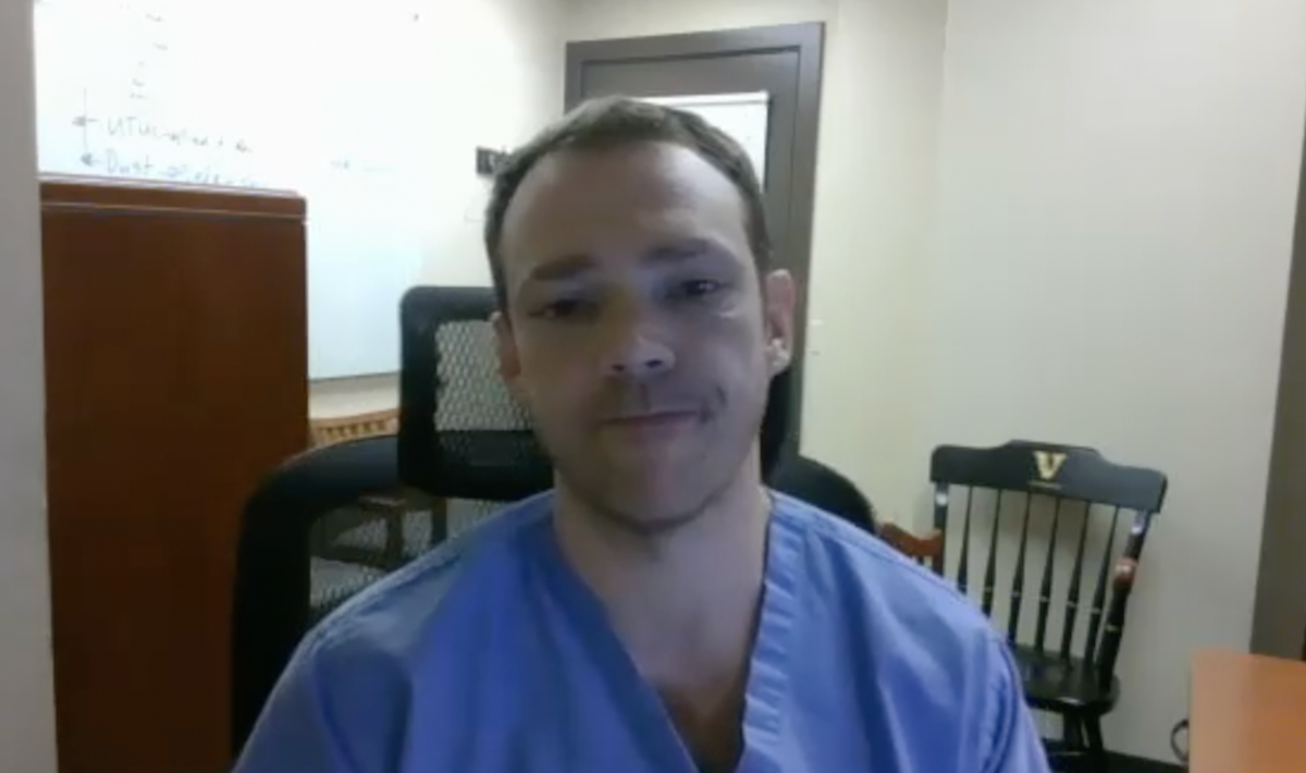 Nicholas L. Kavoussi, MD, answers a question during a Zoom video interview