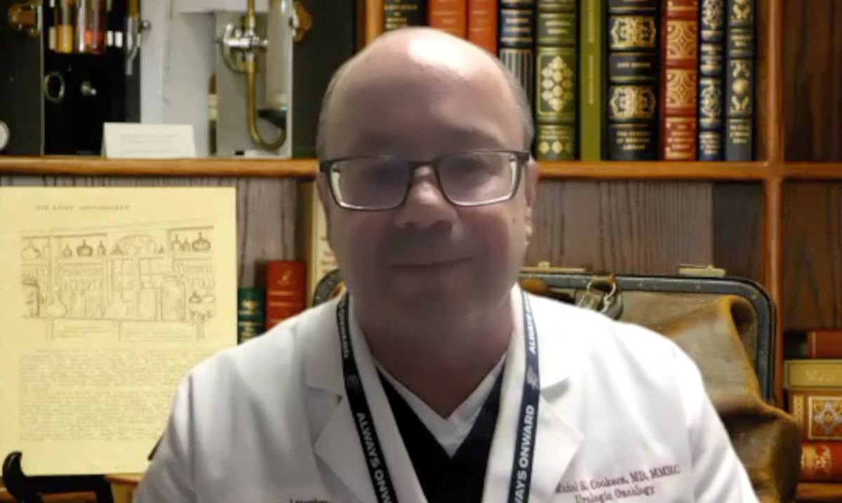 Michael S. Cookson, MD, MMHC, answers a question during a Zoom interview