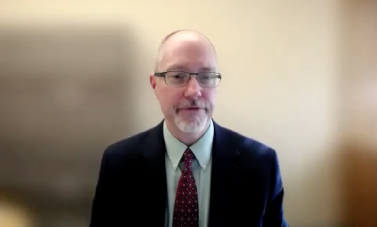 Colin P. West, MD, PhD, answers a question during a Zoom video interview