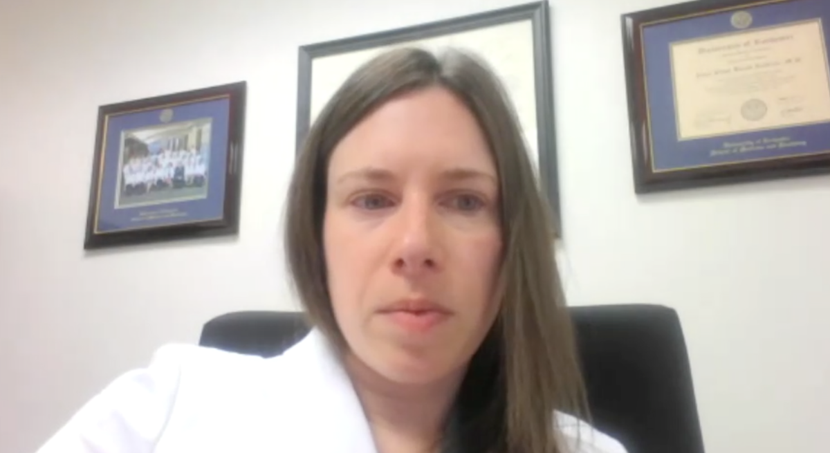 Janet Kukreja, MD, MPH, FACS, answers a question during a Zoom video interview