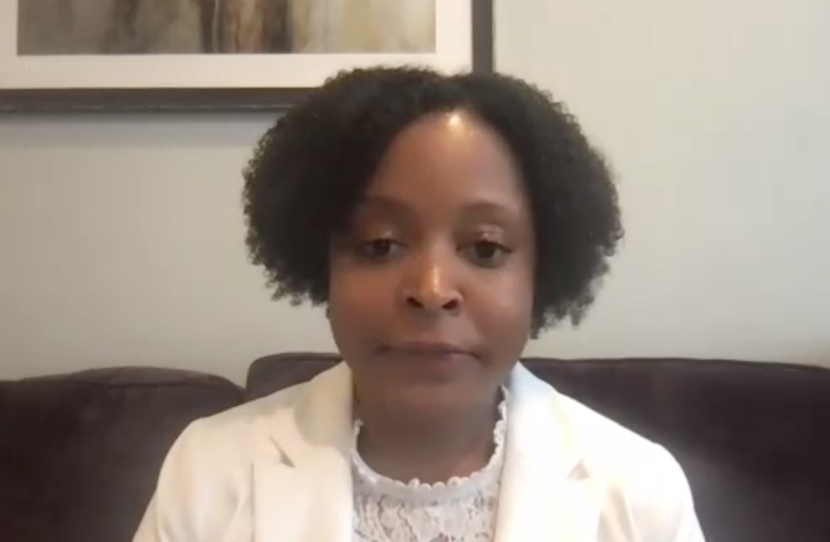 Alisa J. Stephens-Shields, PhD, answers a question during a Zoom video interview