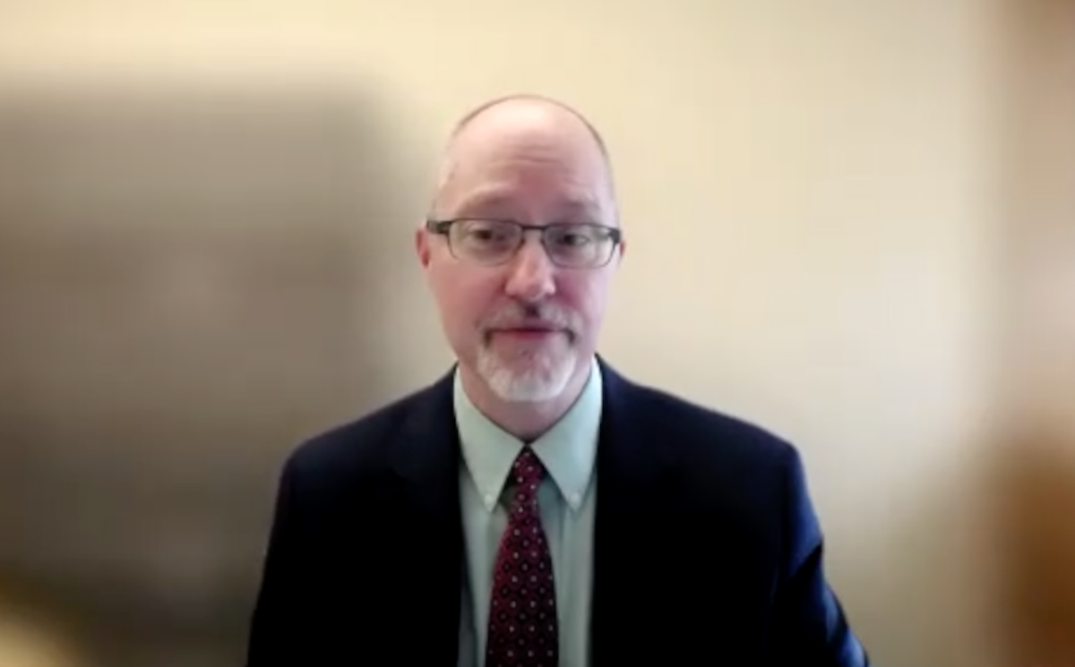 Colin P. West, MD, PhD, answers a question during a Zoom video interview