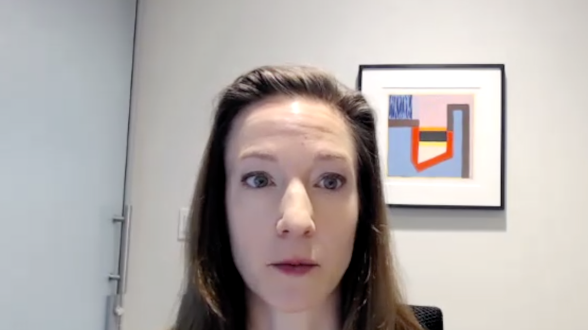Kara L. Watts, MD, answers a question during a Zoom video interview