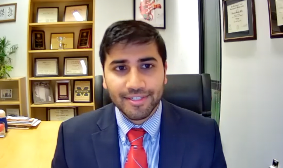Nirmish Singla, MD, MSc, answers a question during a Zoom video interview