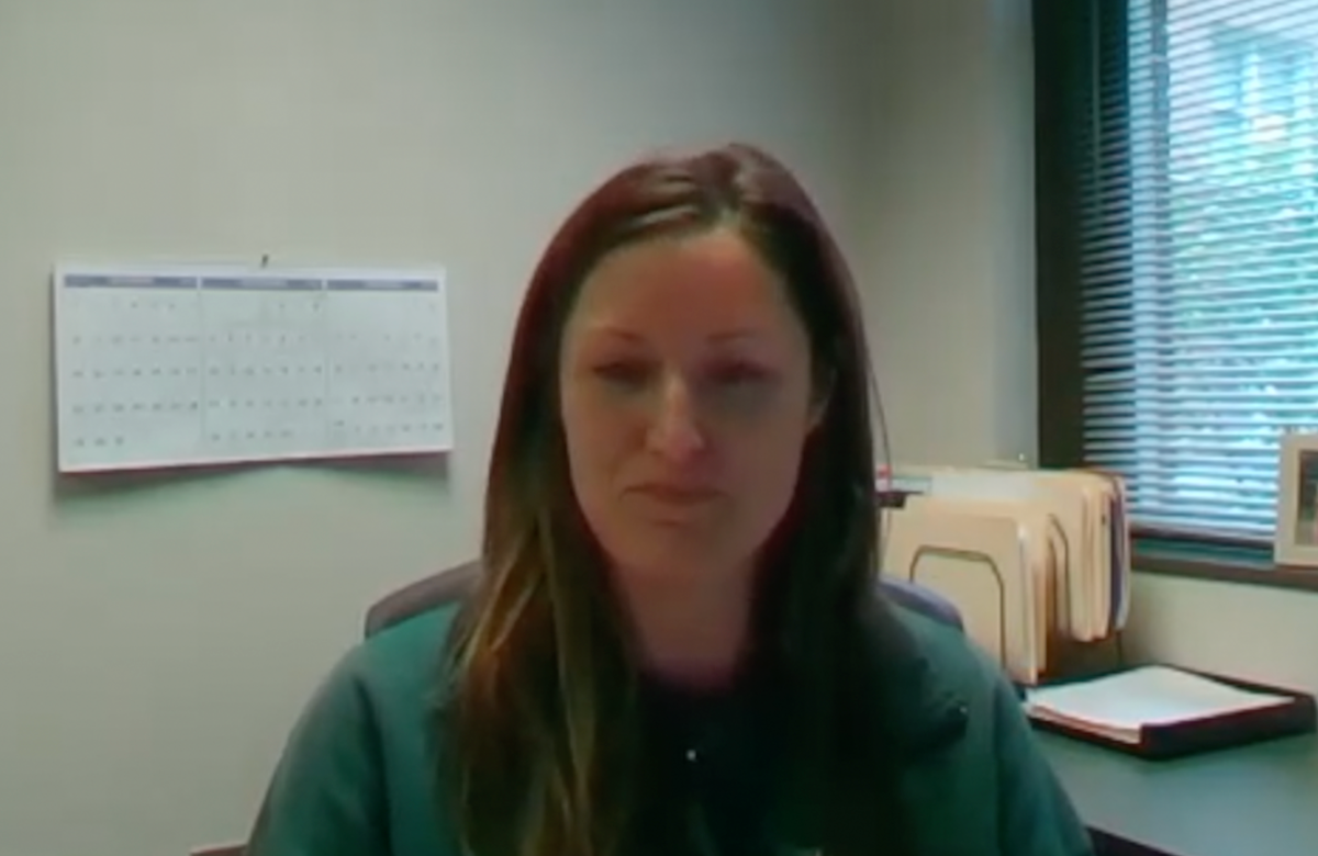 Bree Duncan, RN, BSN, answers a question during a Zoom video interview