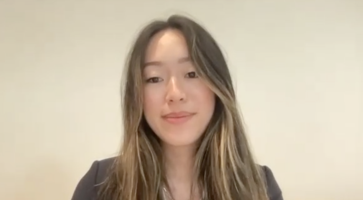 Jasmine Lin, MD, answers a question during a Zoom video interview