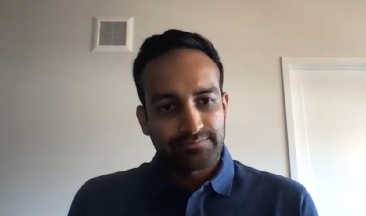 Udit Singhal, MD, answers a question during a zoom video interview