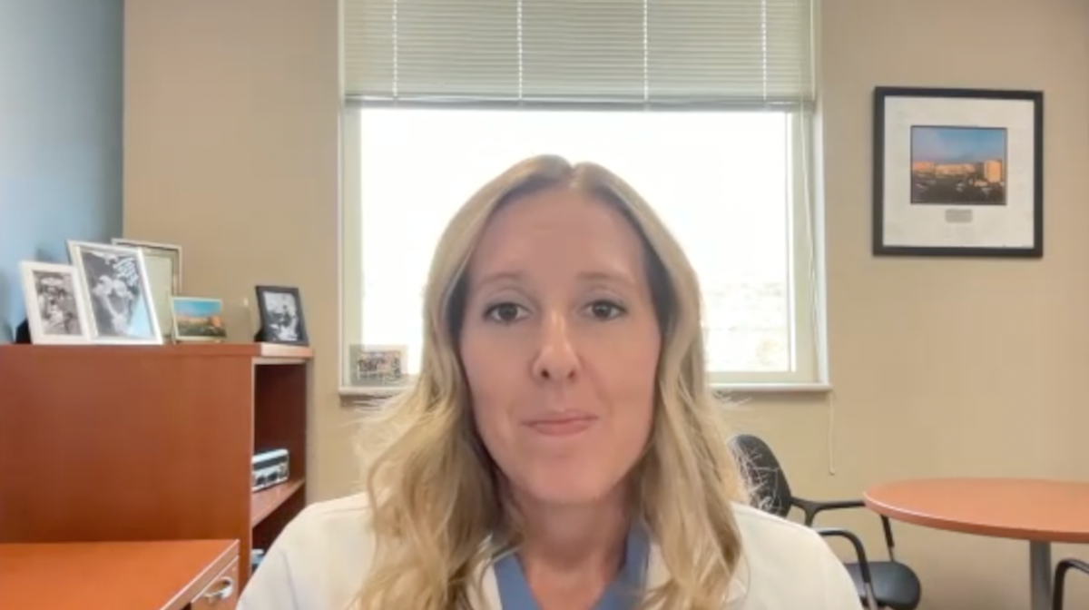 Heather L. Huelster, MD, answers a question during a Zoom video interview
