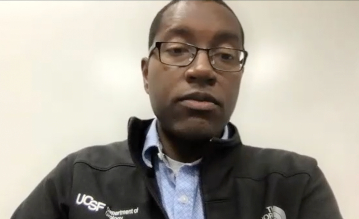 Samuel L. Washington III, MD, answers a question during a Zoom video interview