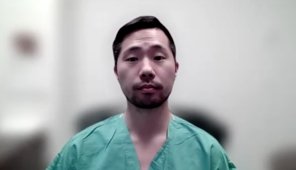 Ziho Lee, MD, answers a question during a Zoom interview