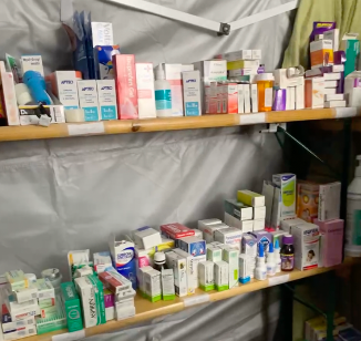 Drs. Bukavina and Castro Bigalli put together a pharmacy at the border from donations and self-purchased medications.